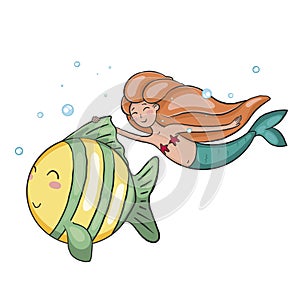 Young beautiful little mermaid swims with big striped fish.